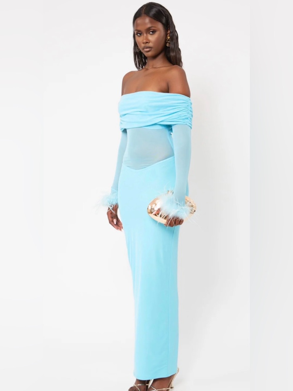 Light Blue Off-Shoulder Feather Cuff Maxi Dress
